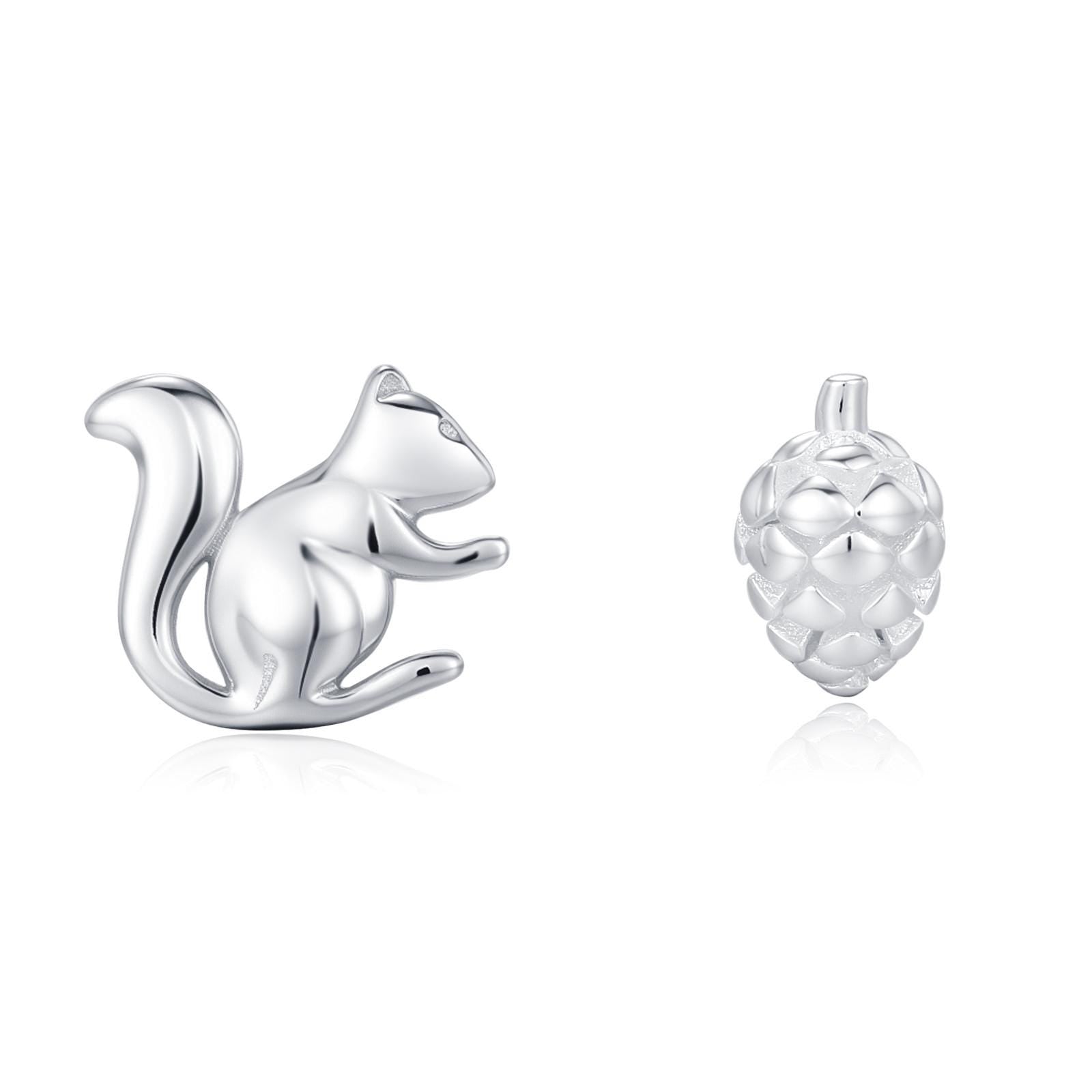 Mismatched Pine Cone and Squirrel Stud Earrings in Sterling Silver