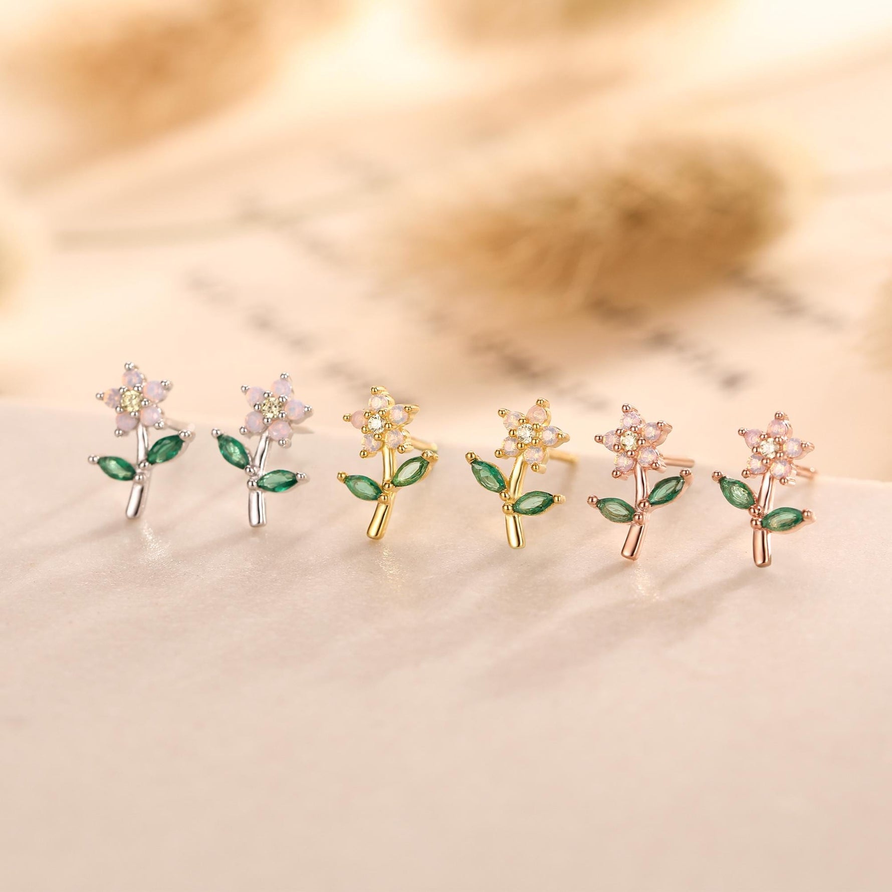 Extra Tiny Opal Pink CZ Flower Stud Earrings in Sterling Silver