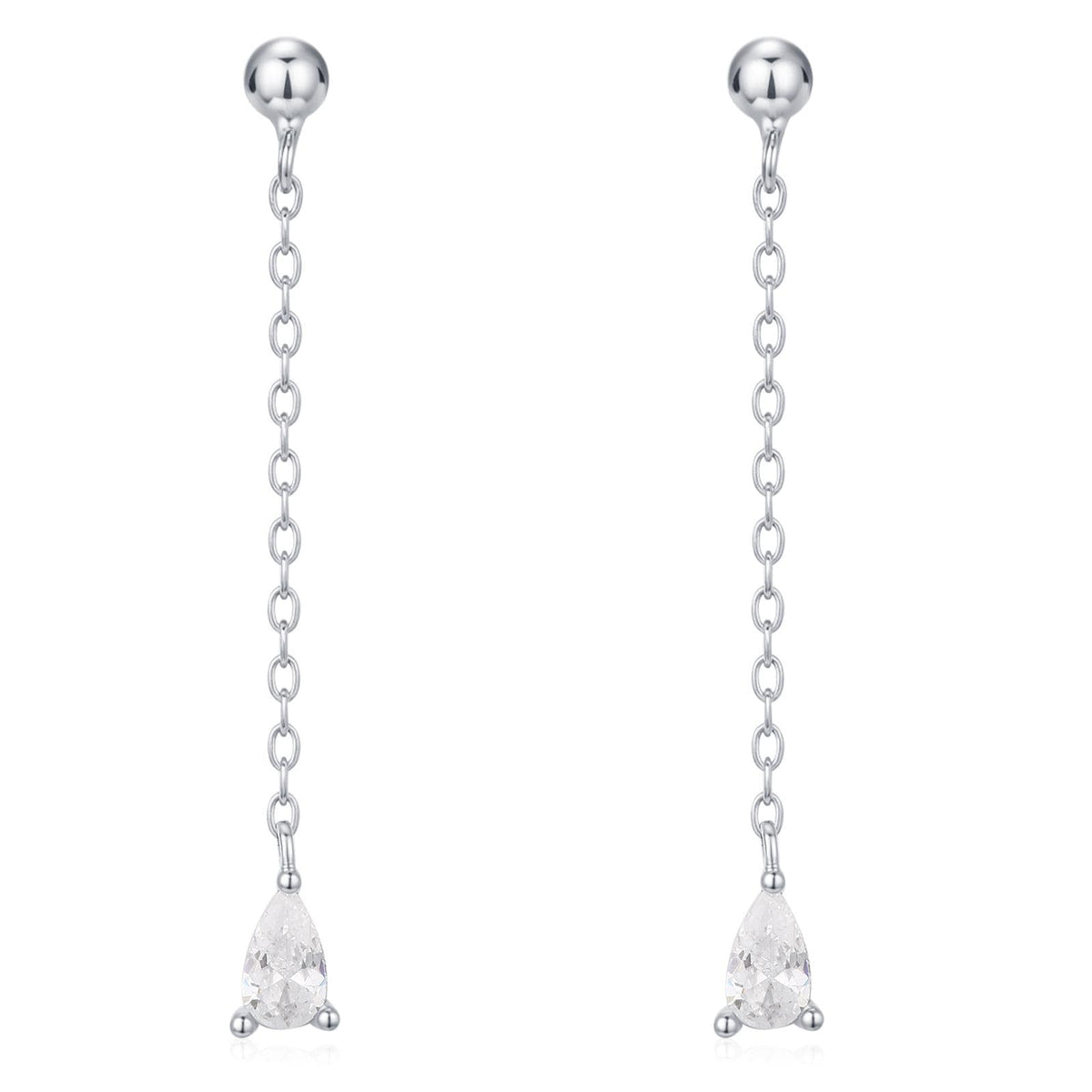 Droplet CZ with Chain Dangle Stud Earrings in Sterling Silver, Silver or Gold, Clear CZ Pear Drop Earrings