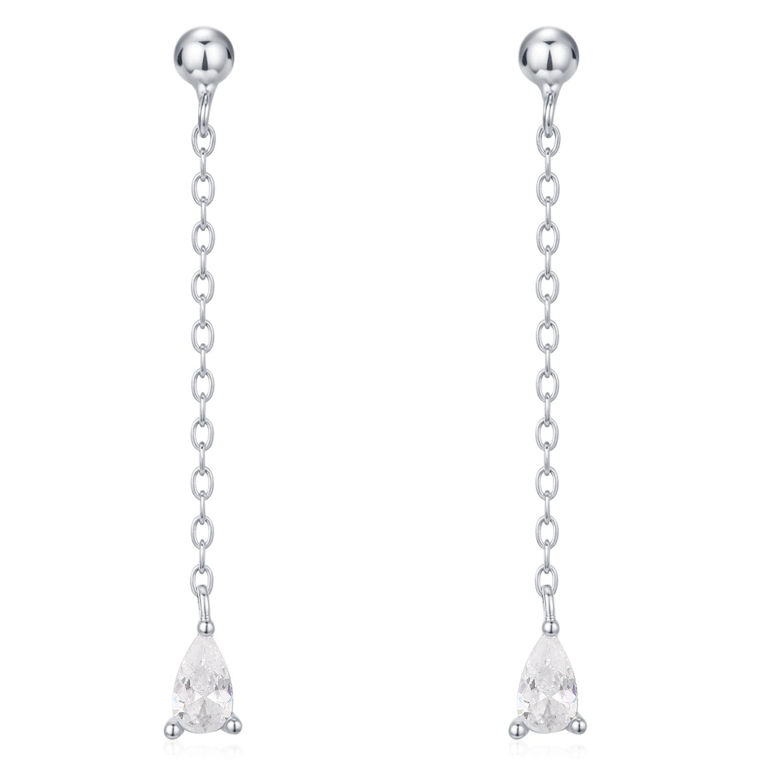 Droplet CZ with Chain Dangle Stud Earrings in Sterling Silver, Silver or Gold, Clear CZ Pear Drop Earrings