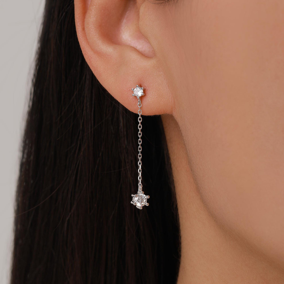 Clear CZ Dangle Chain Stud Drop Earrings in Sterling Silver, Silver or Gold, Geometric Double CZ Chain Earrings, CZ Drop Earrings