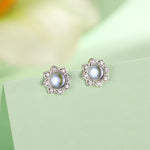 Vintage Inspired Moonstone Flower CZ Stud Earrings, Lab Moonstone Halo CZ Earrings, Simulated Moonstone Earrings