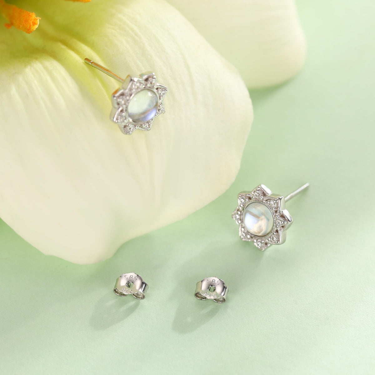 Vintage Inspired Moonstone Flower CZ Stud Earrings, Lab Moonstone Halo CZ Earrings, Simulated Moonstone Earrings