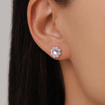 Vintage Inspired Moonstone Flower CZ Stud Earrings, Lab Moonstone Halo CZ Earrings, Simulated Moonstone Earrings