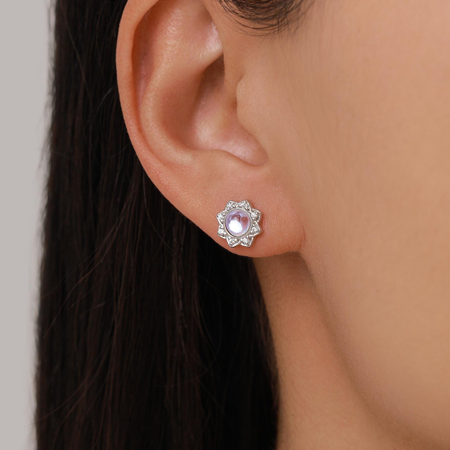 Vintage Inspired Moonstone Flower CZ Stud Earrings, Lab Moonstone Halo CZ Earrings, Simulated Moonstone Earrings
