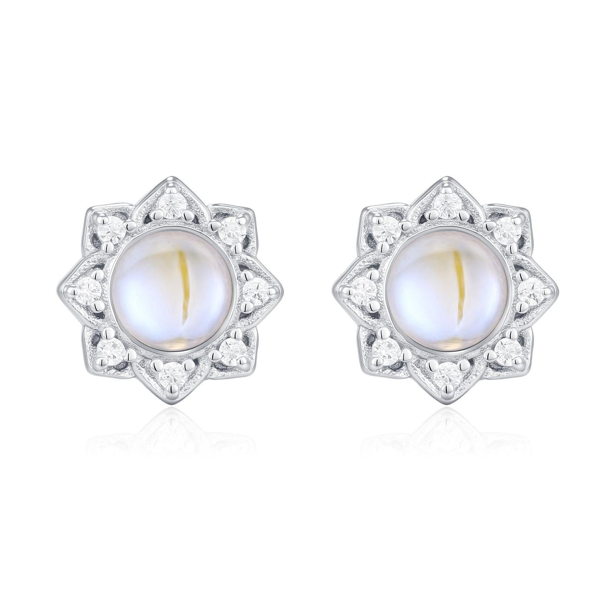 Vintage Inspired Moonstone Flower CZ Stud Earrings, Lab Moonstone Halo CZ Earrings, Simulated Moonstone Earrings