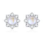 Vintage Inspired Moonstone Flower CZ Stud Earrings, Lab Moonstone Halo CZ Earrings, Simulated Moonstone Earrings