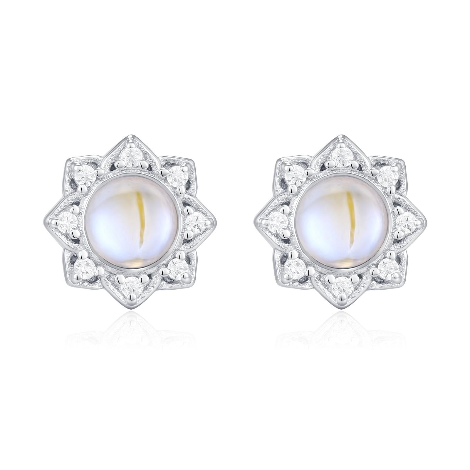 Vintage Inspired Moonstone Flower CZ Stud Earrings, Lab Moonstone Halo CZ Earrings, Simulated Moonstone Earrings