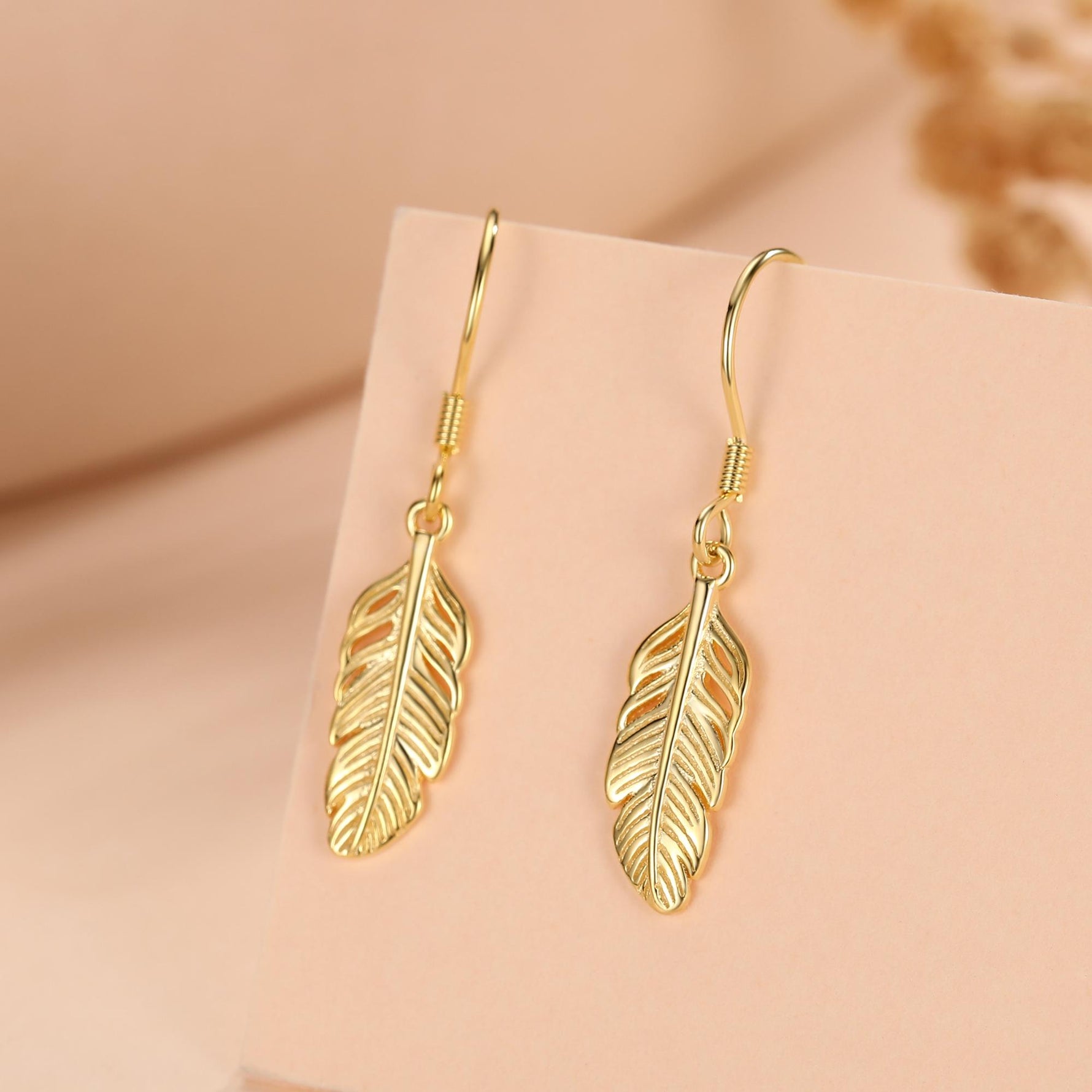 Sterling Silver Feather Drop Hook Earrings, Silver or Gold or Rose Gold, Delicate Feather Dangle Earrings, Nature Inspired