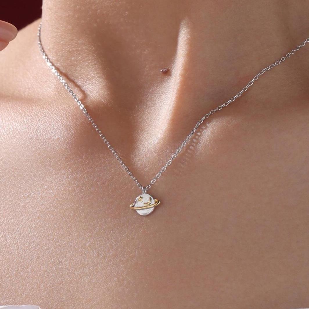 Dainty Planet Pendant Necklace in Sterling Silver, Saturn Necklace, Small Planet Necklace, Space Pendant