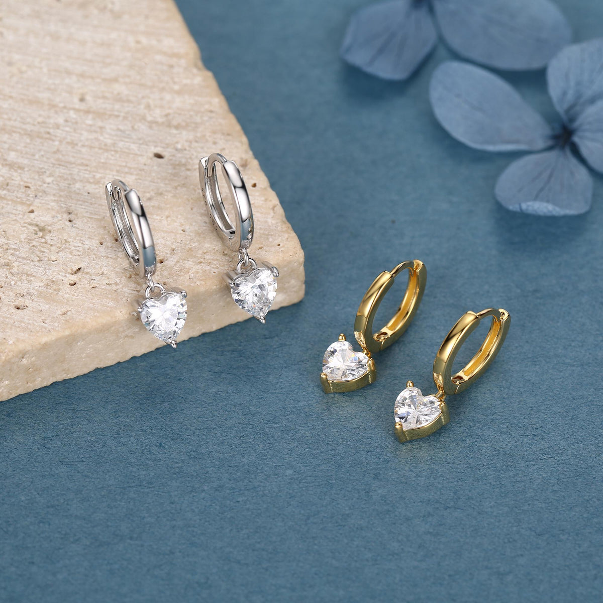 Heart CZ Huggie Hoop in Sterling Silver, Silver or Gold, 8mm Inner Diameter, Stacking Earrings, Heart Hoops, April Birthstone