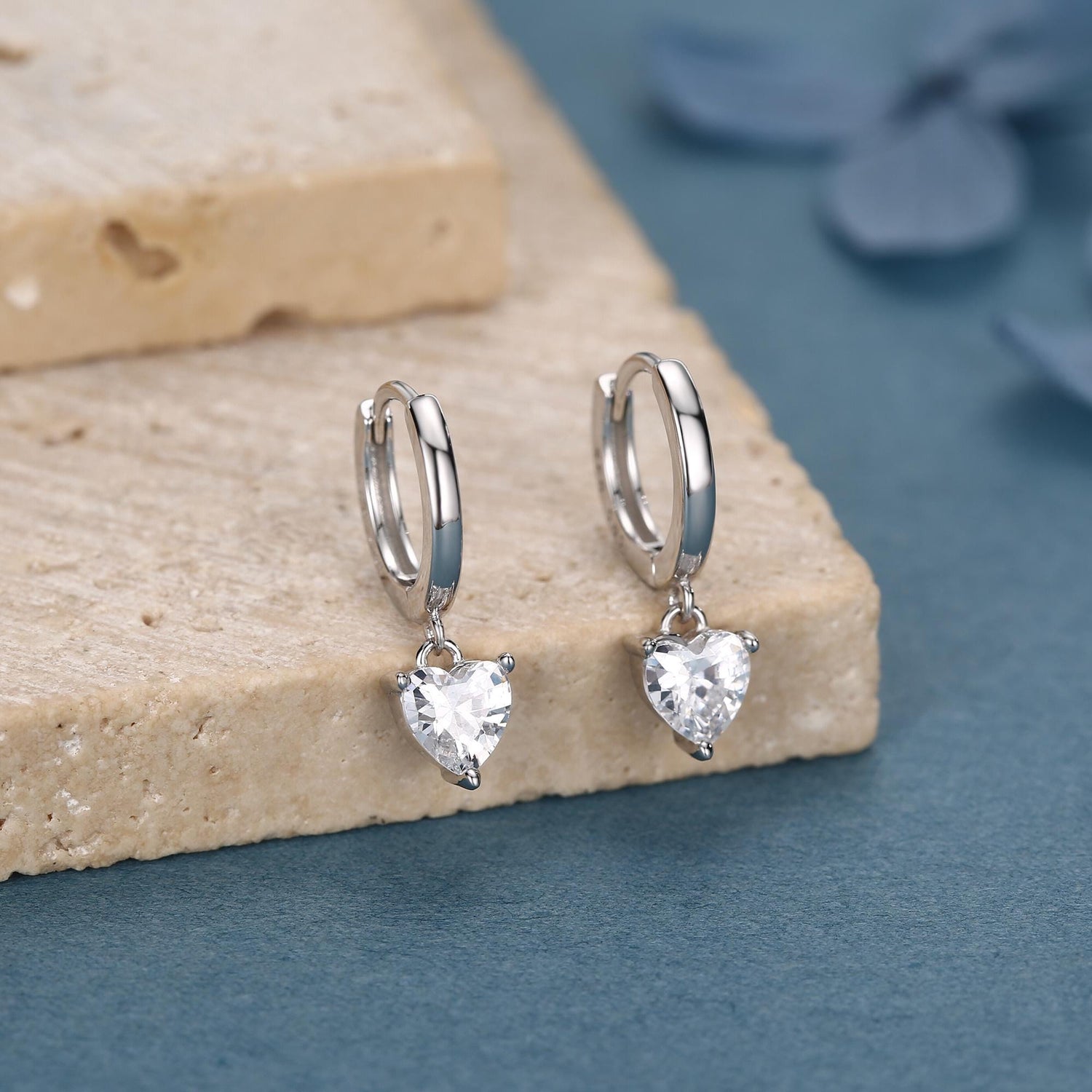 Heart CZ Huggie Hoop in Sterling Silver, Silver or Gold, 8mm Inner Diameter, Stacking Earrings, Heart Hoops, April Birthstone
