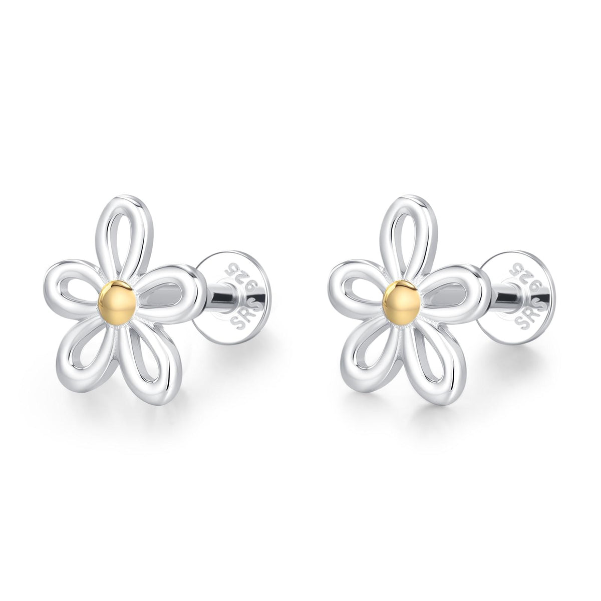 Sterling Silver Two Tone Daisy 16G Flat Back Labret Earrings