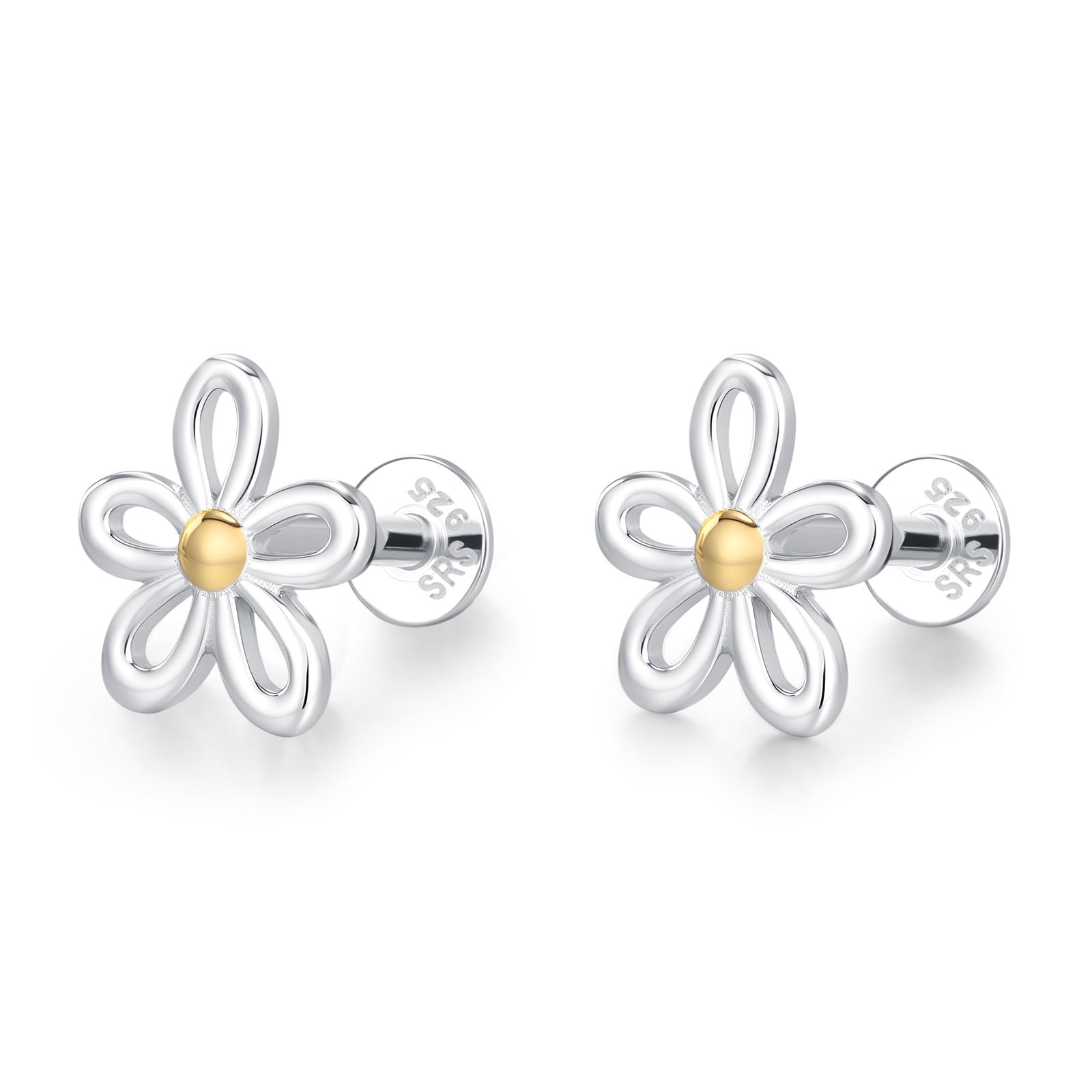 Sterling Silver Two Tone Daisy 16G Flat Back Labret Earrings