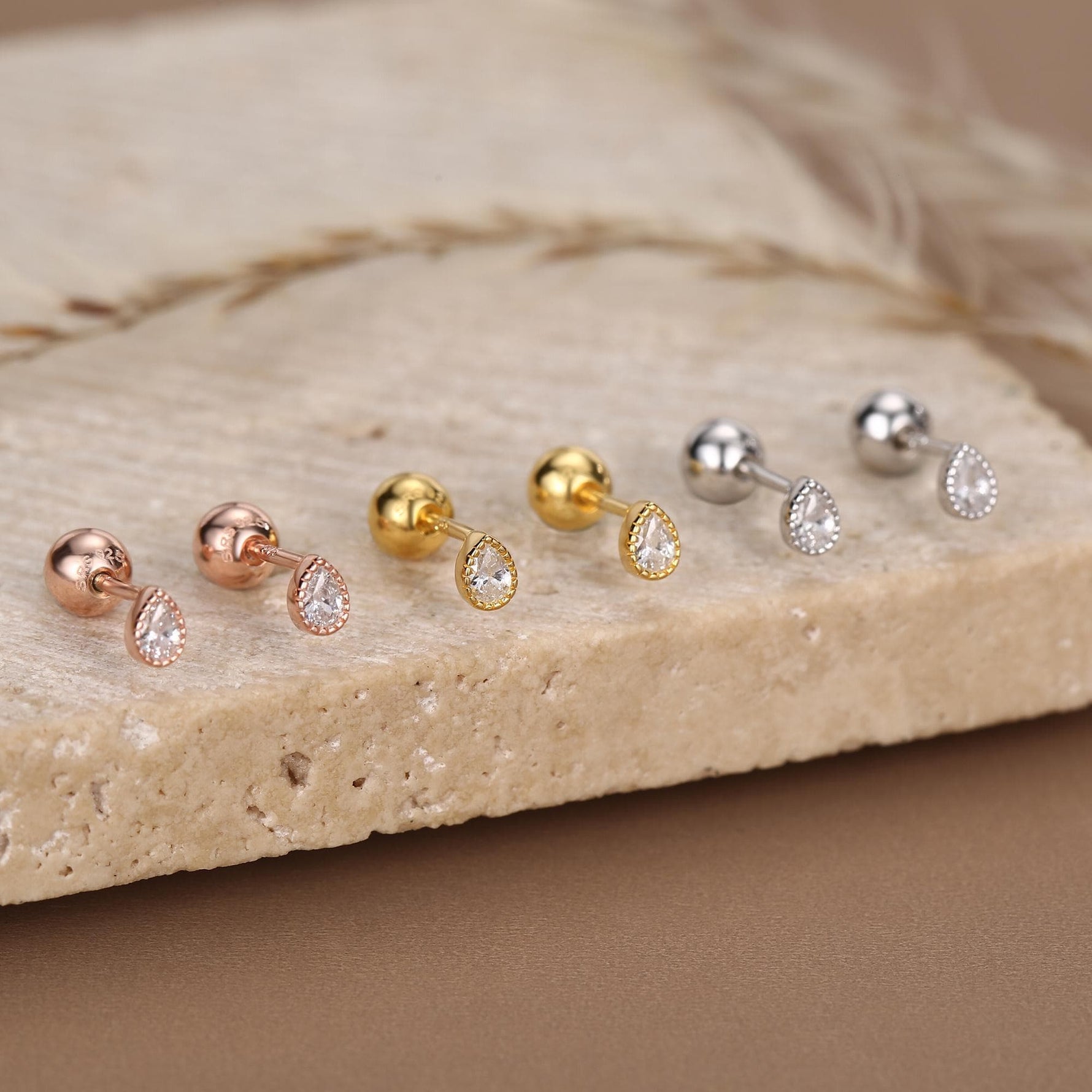 Sterling Silver Tiny Teardrop CZ 18G Screw Back Earrings