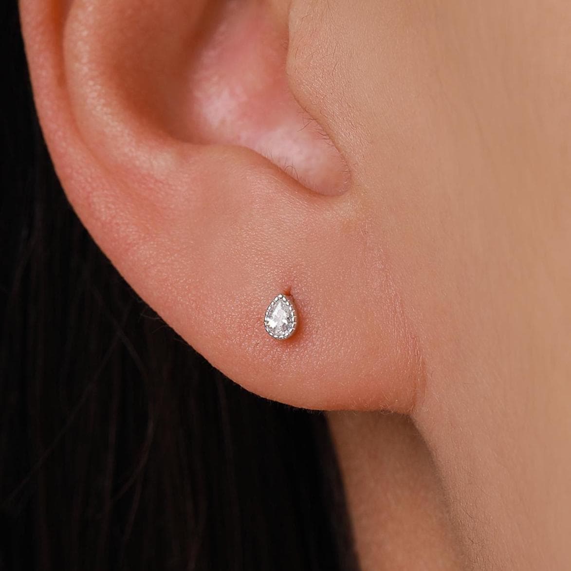 Tiny Droplet CZ Stud Earrings in Sterling Silver, Pear Cut CZ Stud Extra Tiny, Stacking Earrings, Dotted Bezel Vintage Inspired Design