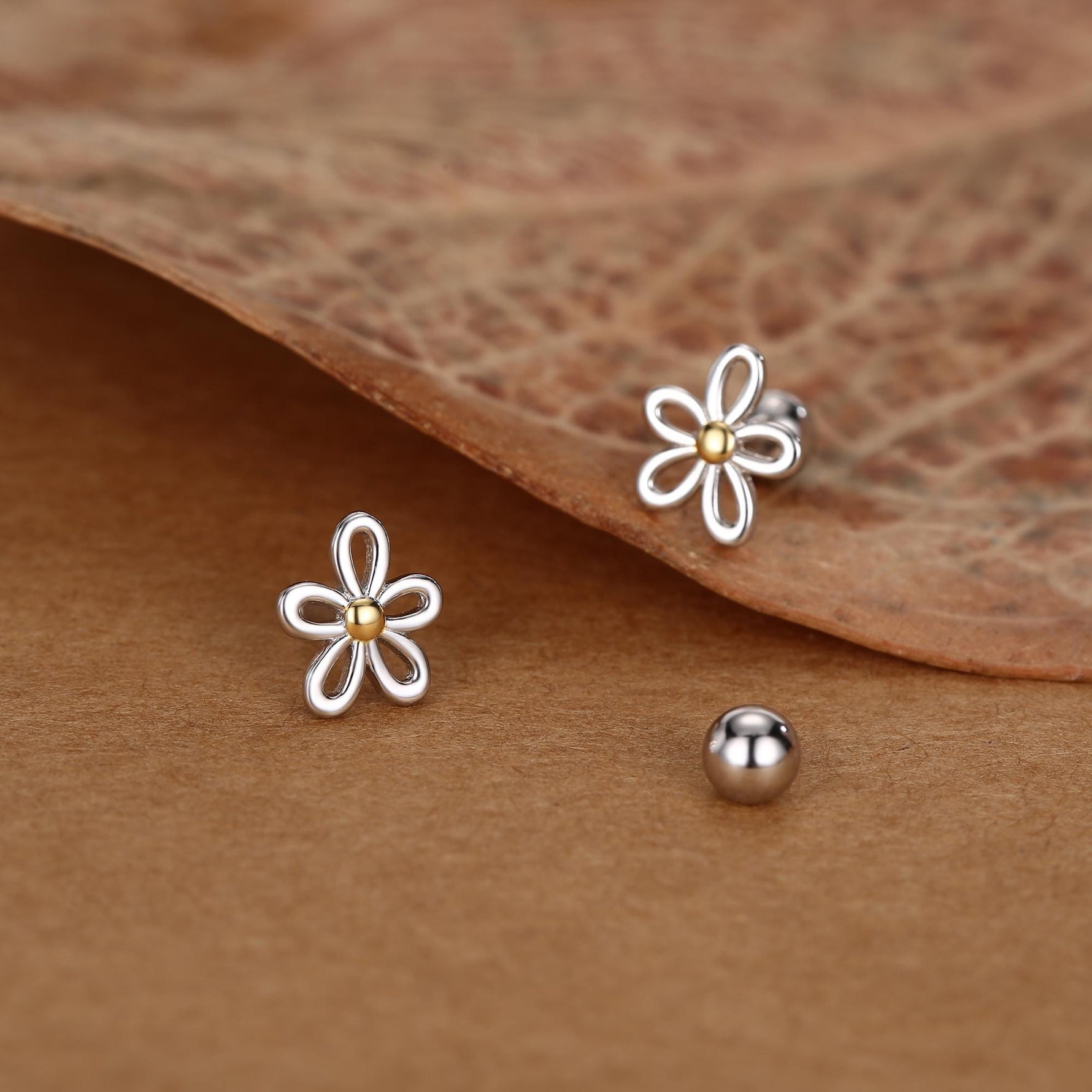 Sterling Silver Two Tone Daisy 18G Screw Back Earrings