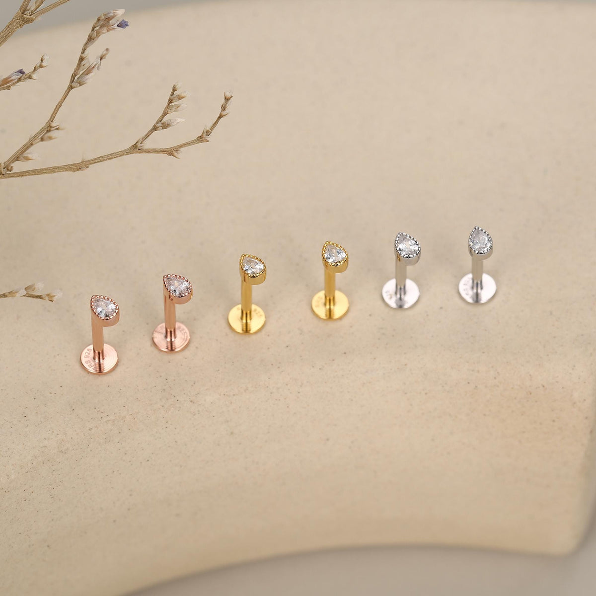 Sterling Silver Tiny Teardrop CZ 16G Flat Back Labret Earrings