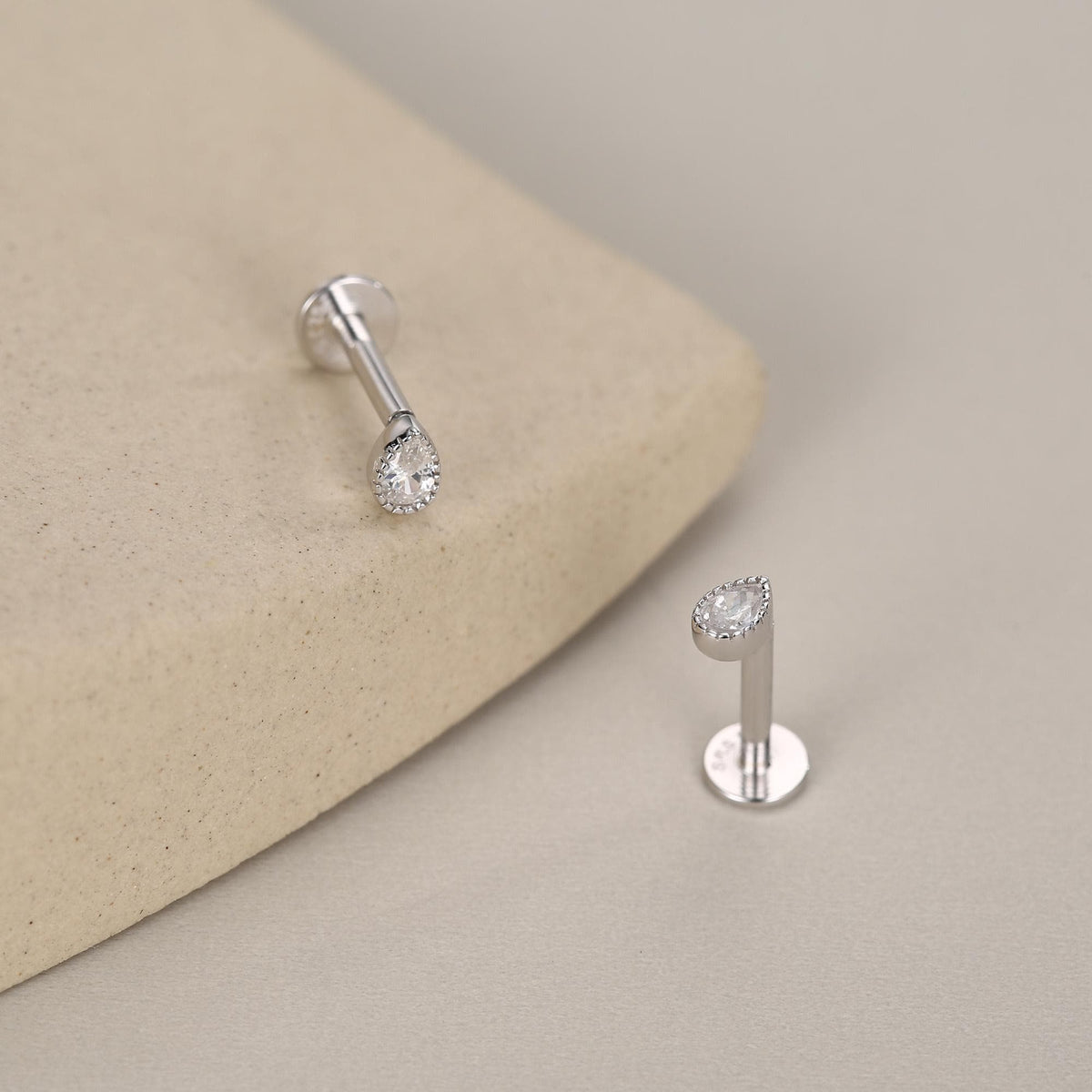 Sterling Silver Tiny Teardrop CZ 16G Flat Back Labret Earrings