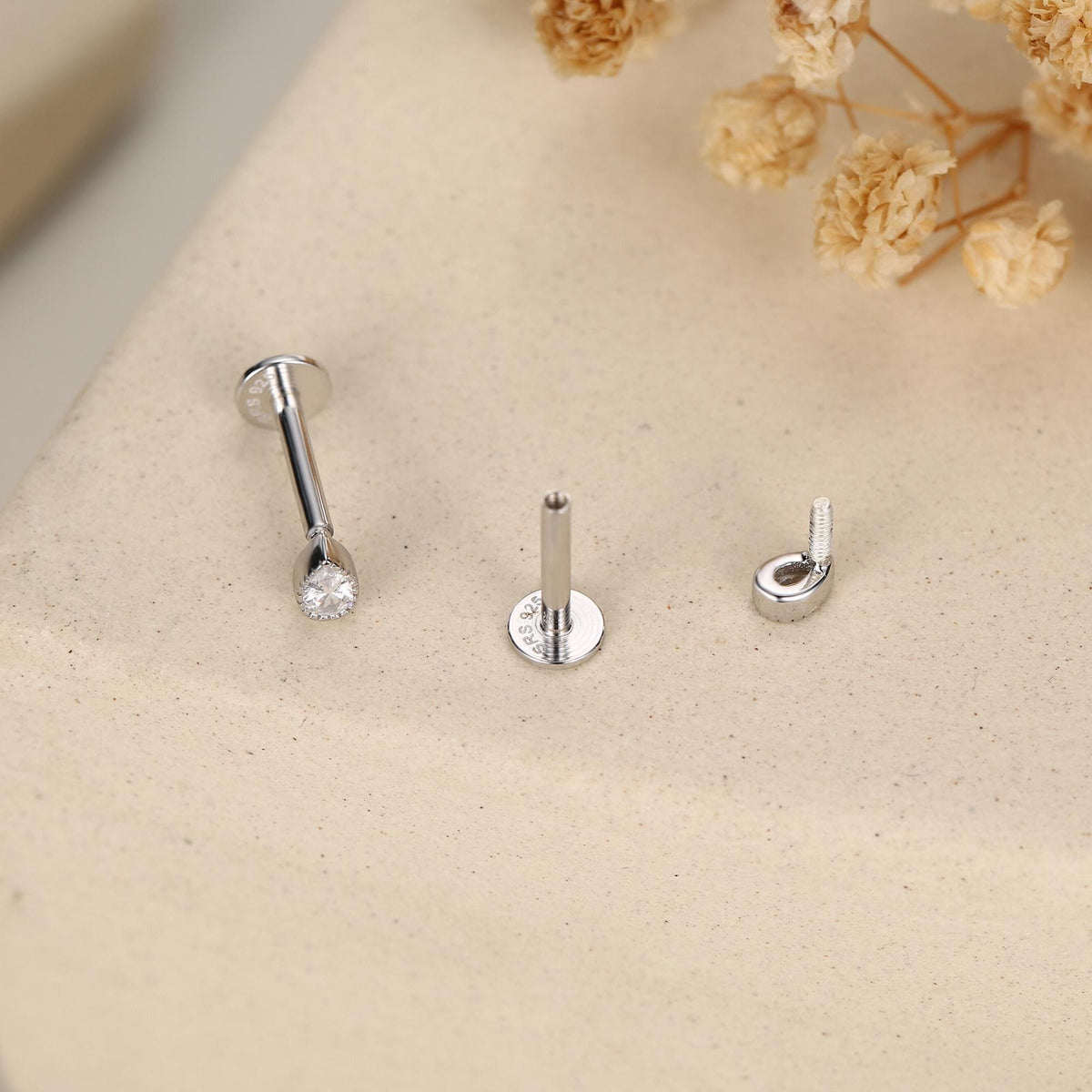 Sterling Silver Tiny Teardrop CZ 16G Flat Back Labret Earrings