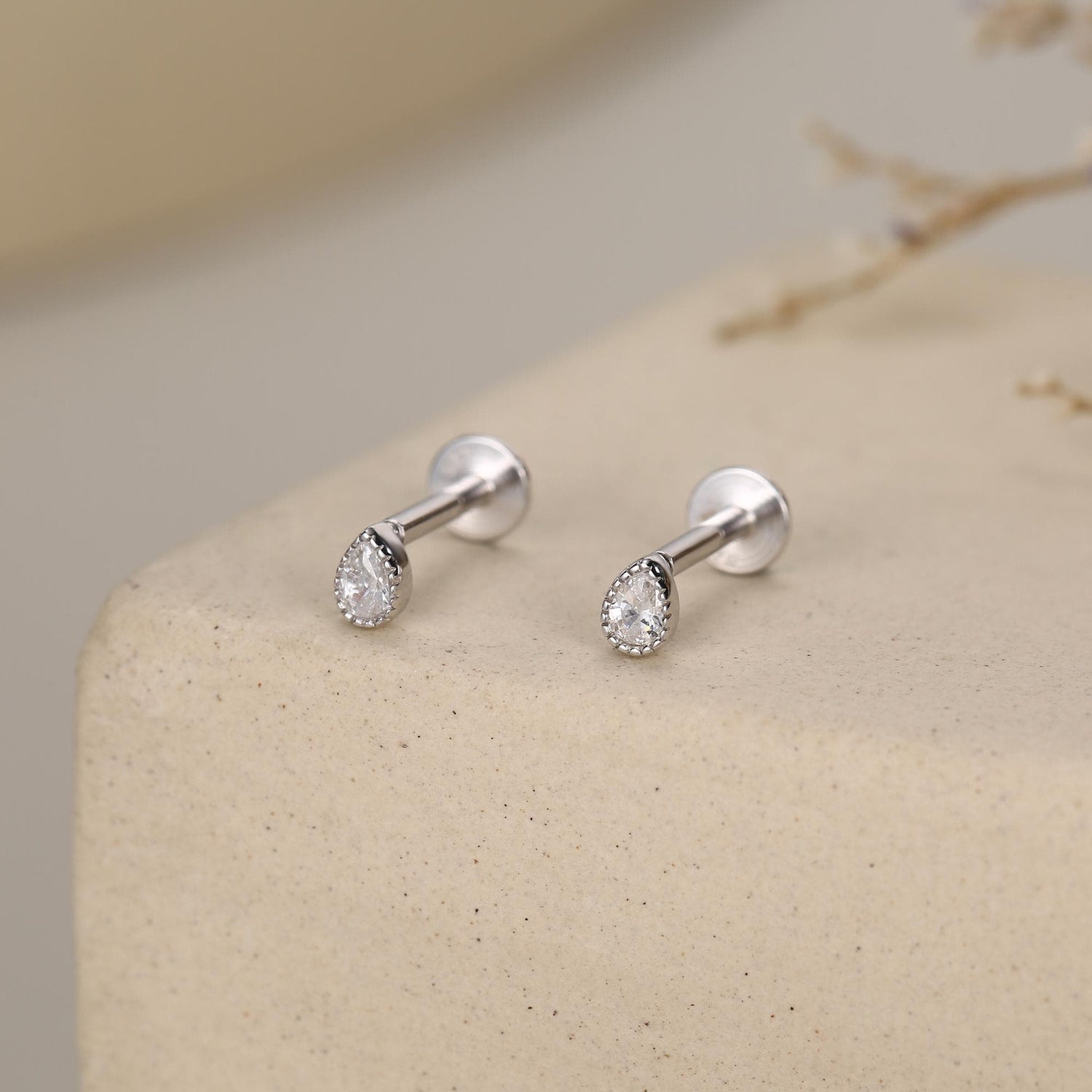 Sterling Silver Tiny Teardrop CZ 16G Flat Back Labret Earrings