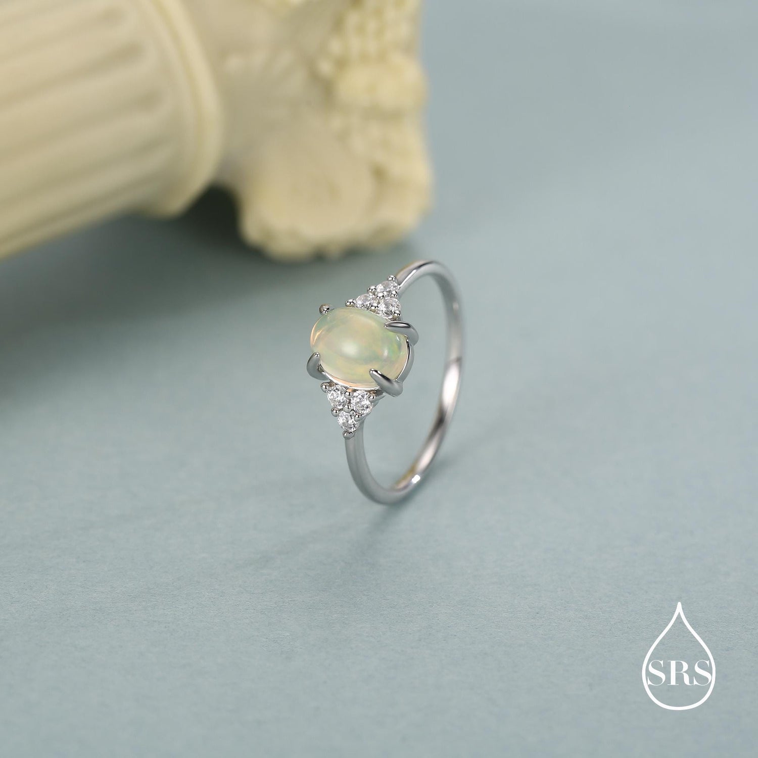 Sterling Silver Genuine Opal and CZ Oval Ring