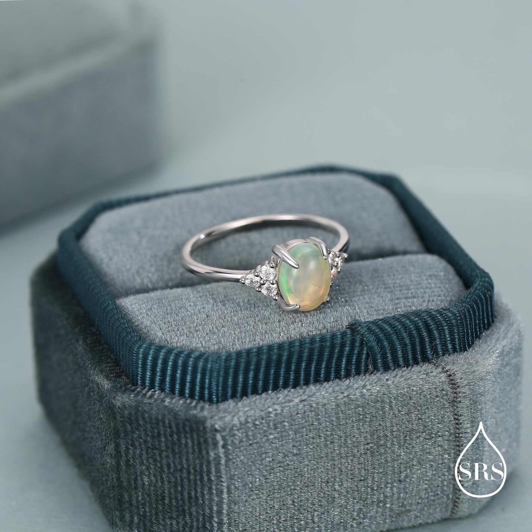 Sterling Silver Genuine Opal and CZ Oval Ring