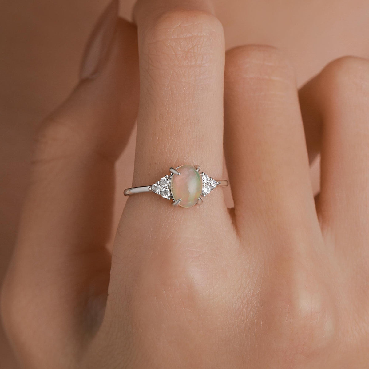 Sterling Silver Genuine Opal and CZ Oval Ring
