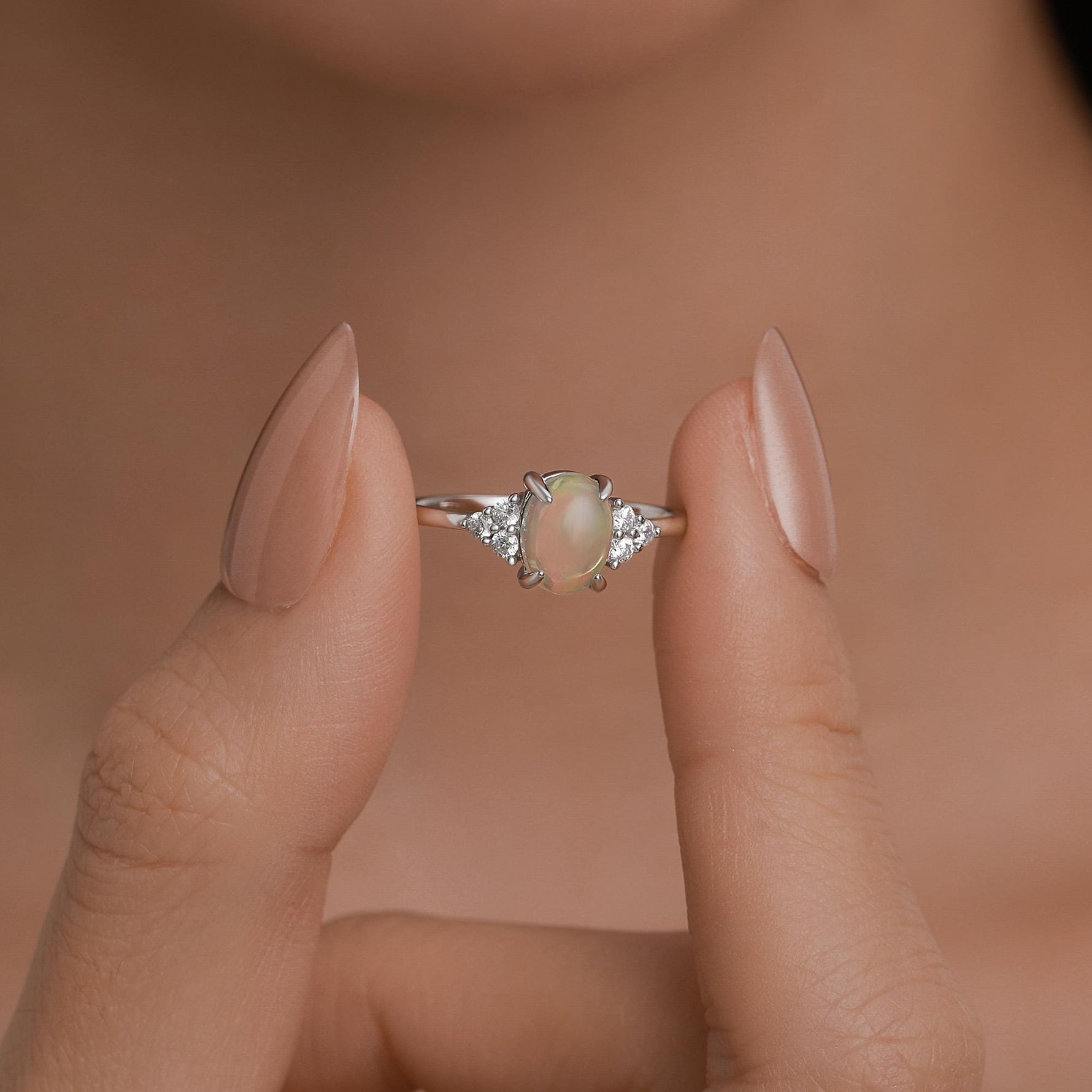 Sterling Silver Genuine Opal and CZ Oval Ring