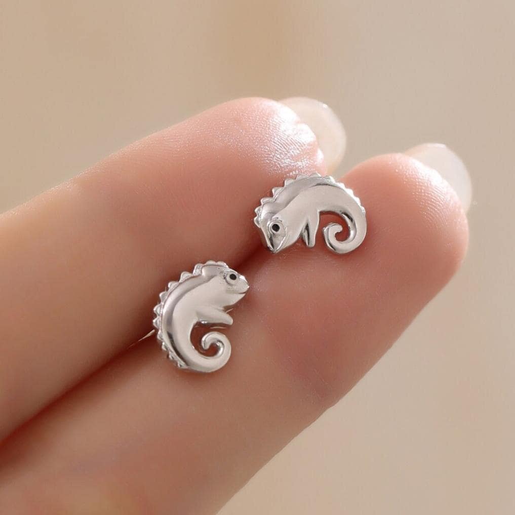 Chameleon Stud Earrings in Sterling Silver, Lizard Stud, Cute Animal Earrings, Nature Inspired Earrings