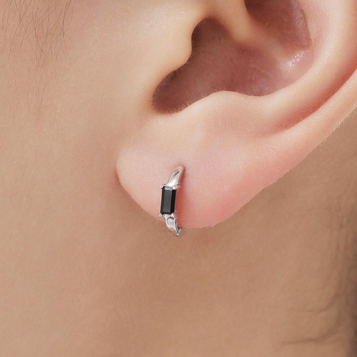Black Single Baguette Cut CZ Huggie Hoop in Sterling Silver, Silver or Gold, Minimalist Simple Black Hoop Earrings