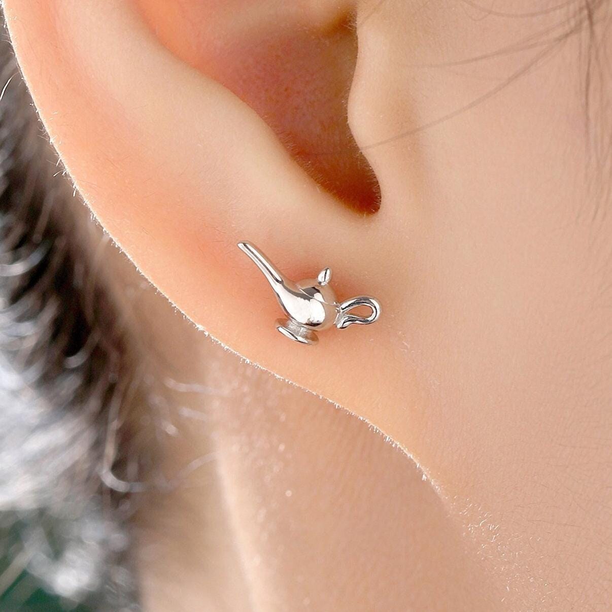Aladdin's Magic Lamp Stud Earrings in Sterling Silver, Cute Genie Stud, Fairy tale Inspired Design