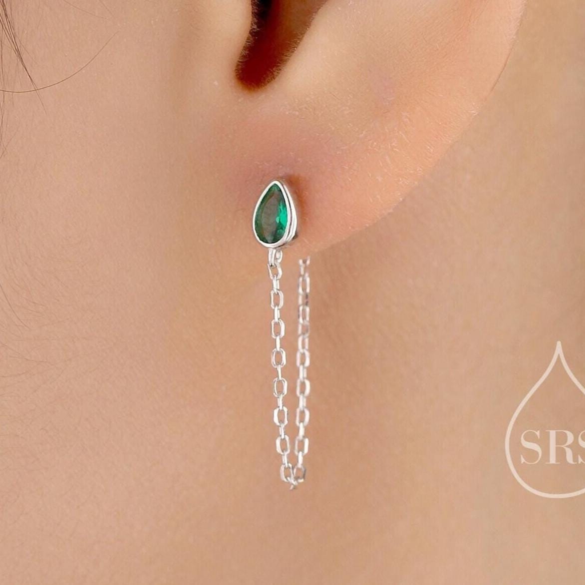 Tiny Emerald Green Droplet CZ Dangle Chain Stud Earrings in Sterling Silver, Silver or Gold, Pear Shape Ear Jacket, Front and Back Earrings