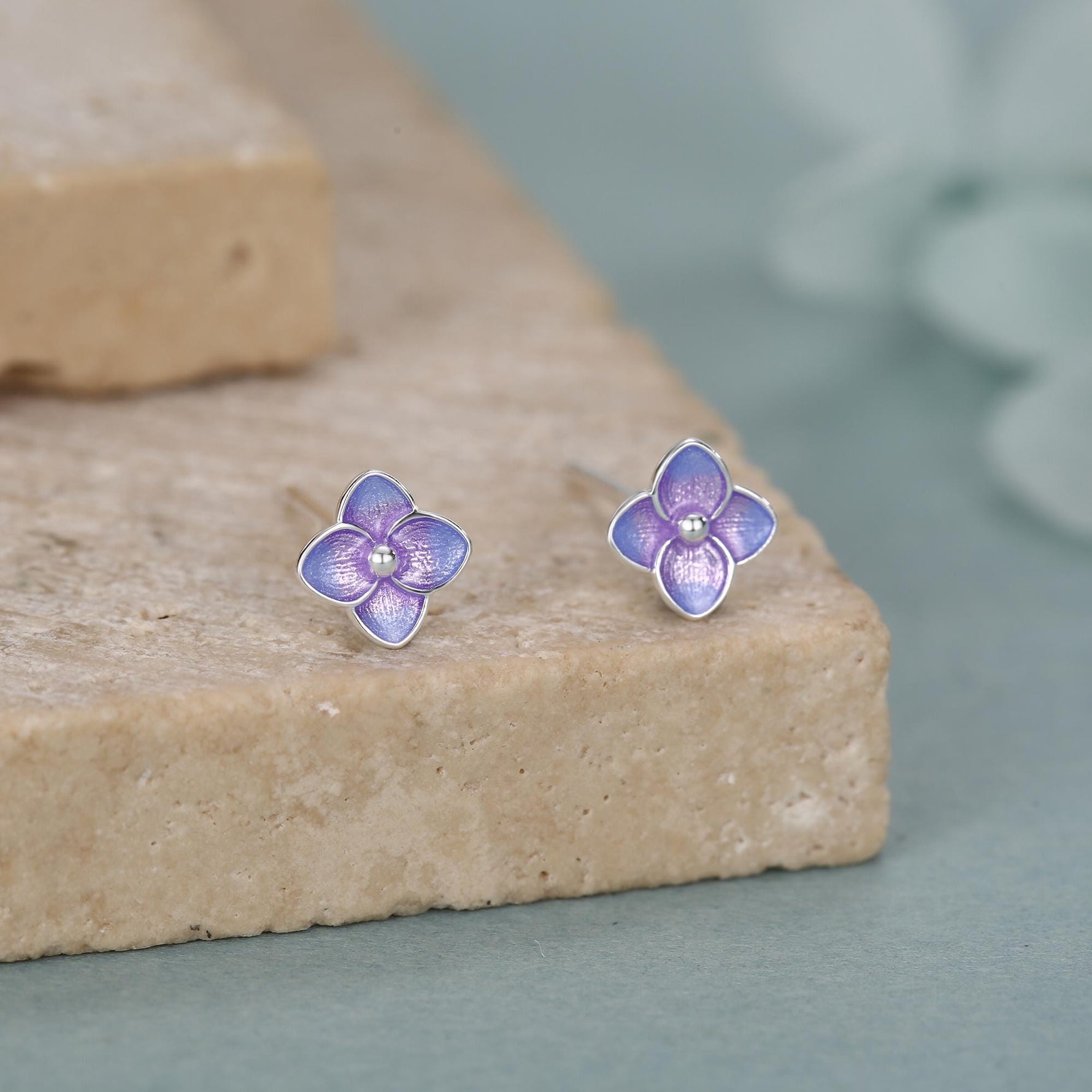 Sterling Silver Purple Hydrangea Enamel Stud Earrings