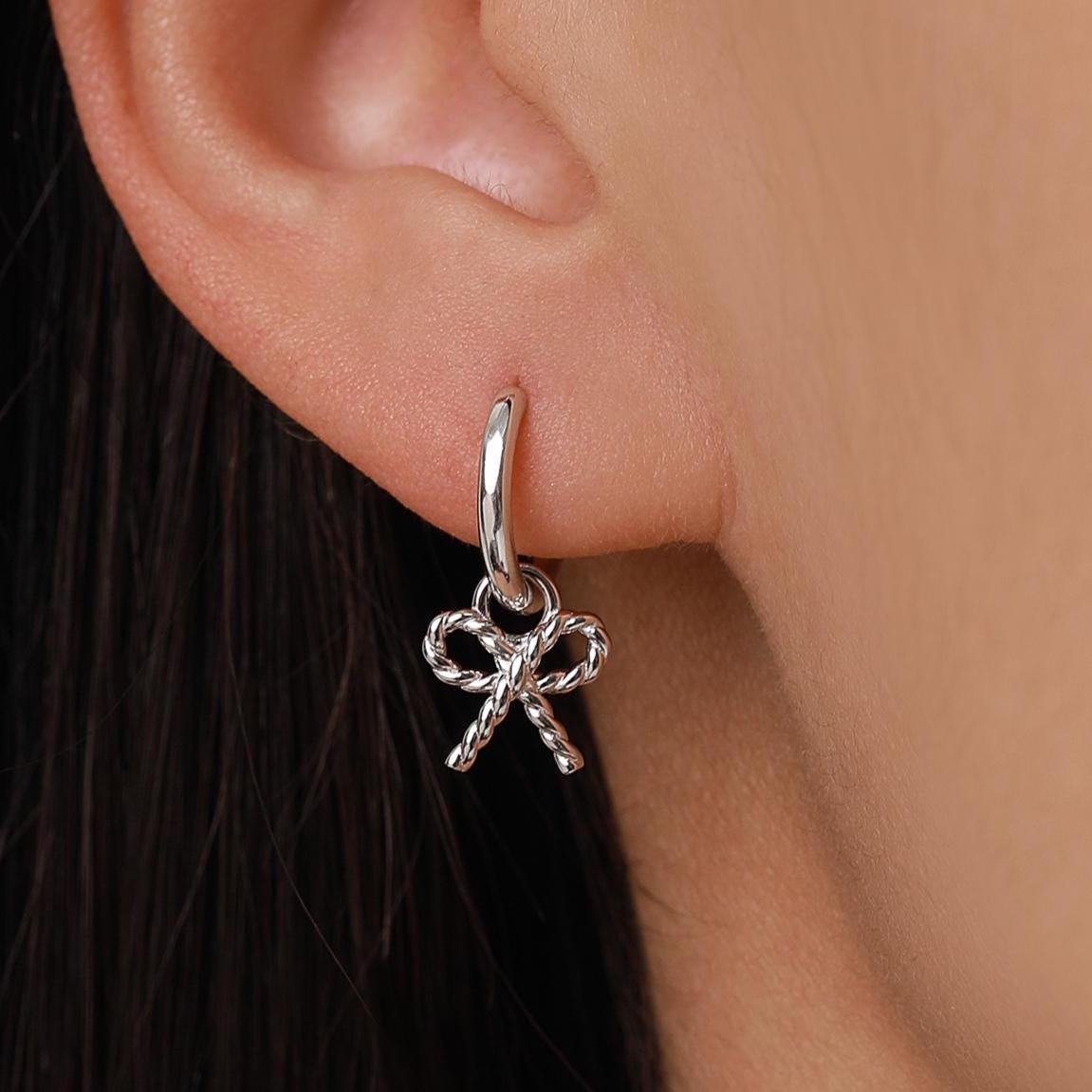 Sterling Silver Bow Charm Hoop Earrings