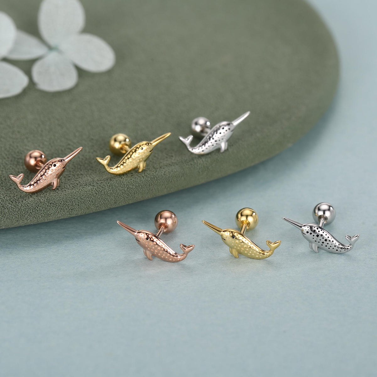 Sterling Silver Narwhal 18G Screw Back Stud Earrings