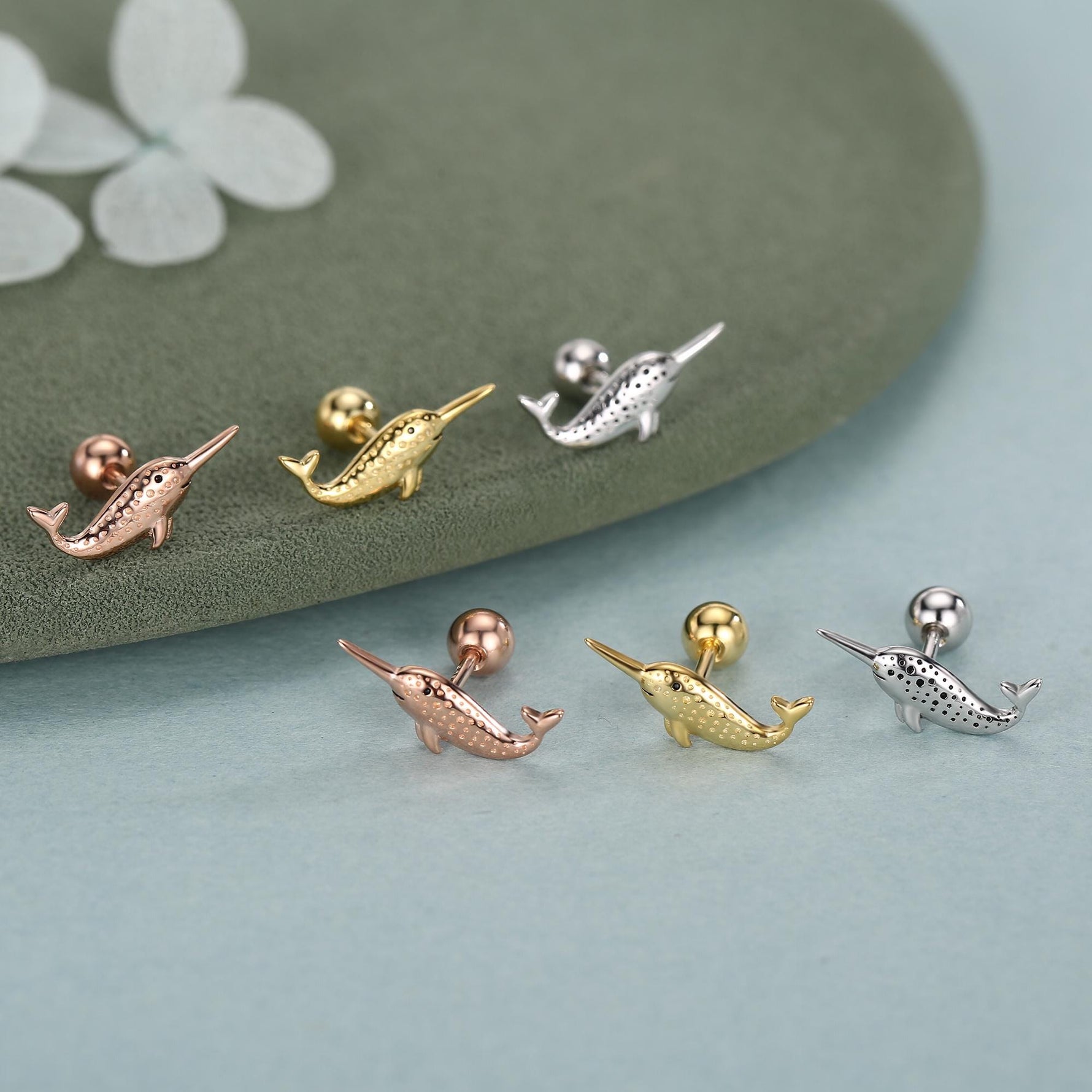 Sterling Silver Narwhal 18G Screw Back Stud Earrings