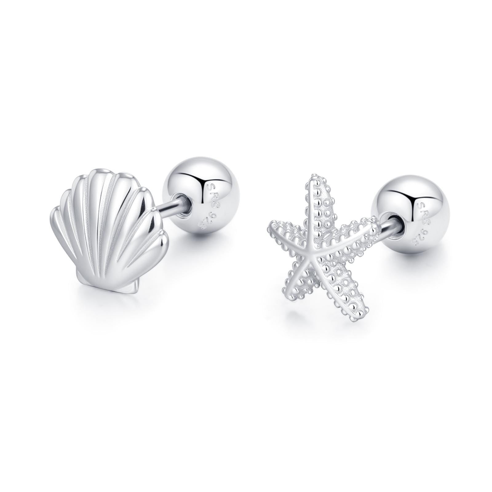 Sterling Silver Starfish and Shell 18G Screw Back Stud Earrings