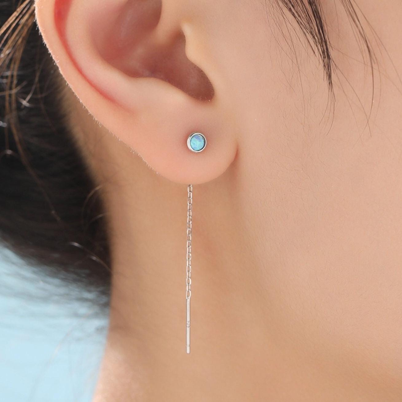4mm Blue Opal Dot Threader Earrings in Sterling Silver, Lab Opal Ear Threaders, Silver or Gold, Opal Threaders, Chain Earrings