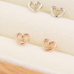 Tiny Open Heart 16G Internally Threaded Flat Back Earrings in Sterling Silver