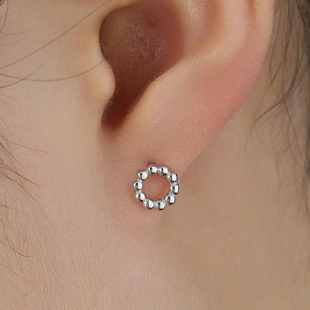 Beaded Circle Stud Earrings in Sterling Silver, Silver, Gold or Rose Gold, Small Pebble Circle Stud Earrings, Geometric Bauble Earrings