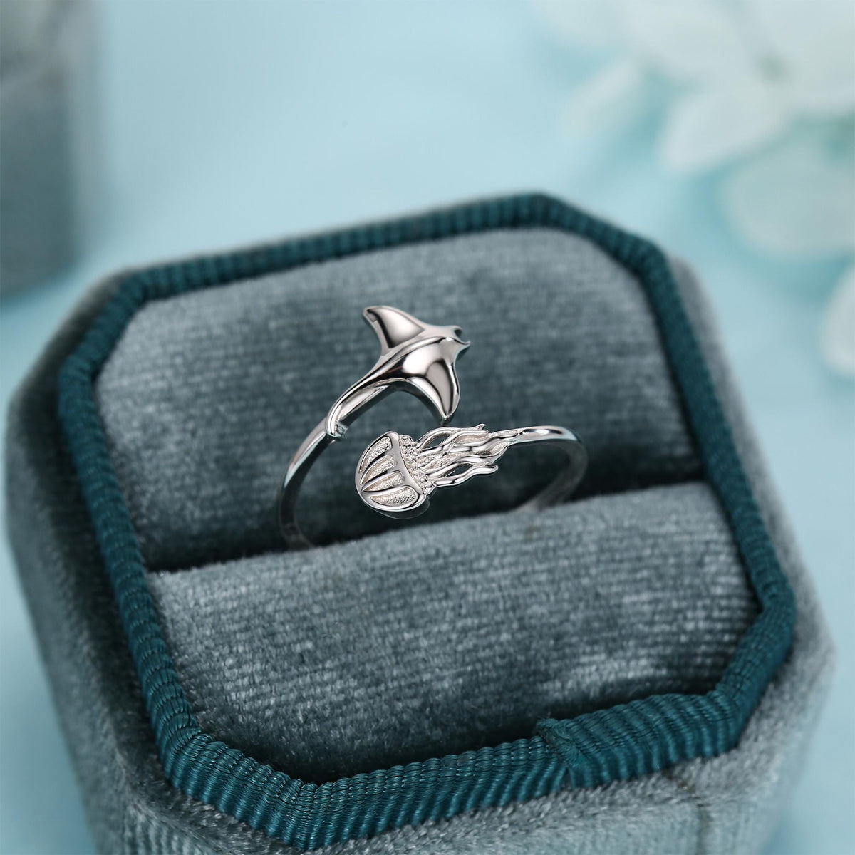 Sterling Silver Manta Ray and Jellyfish Open Ring