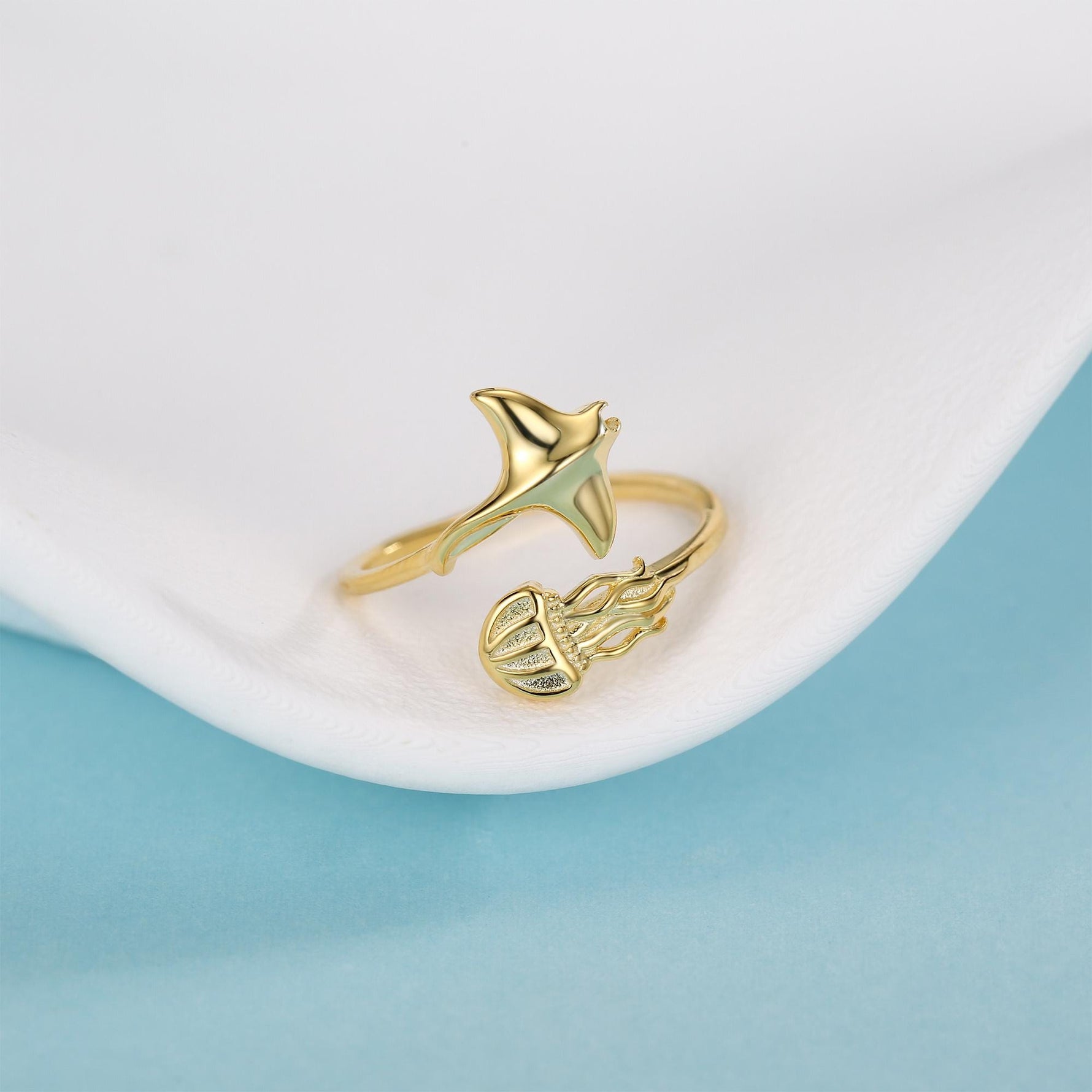 Sterling Silver Manta Ray and Jellyfish Open Ring