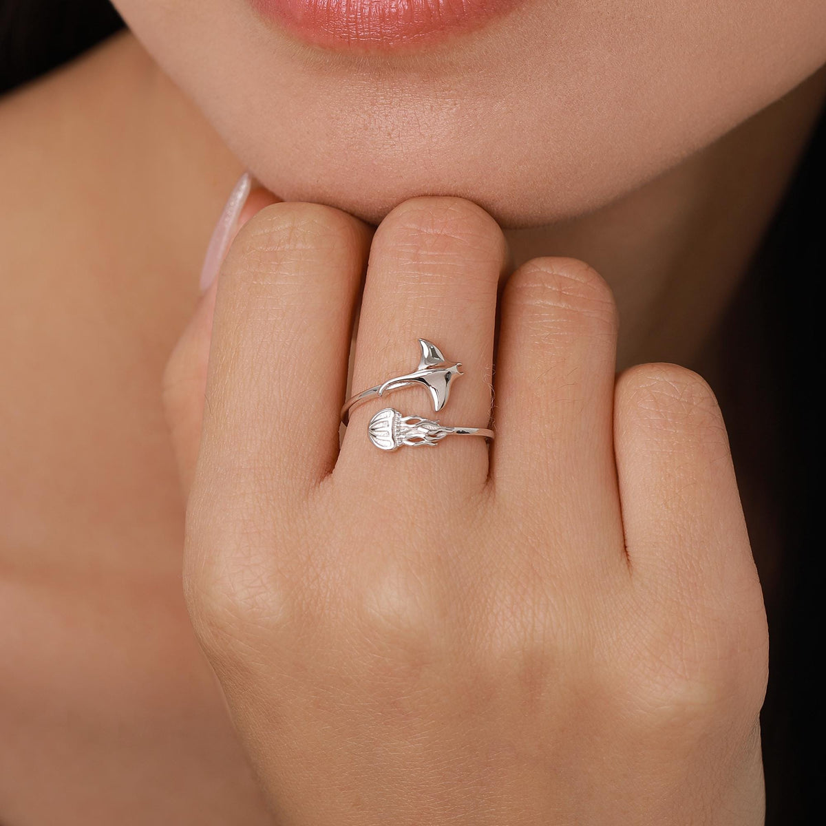 Sterling Silver Manta Ray and Jellyfish Open Ring