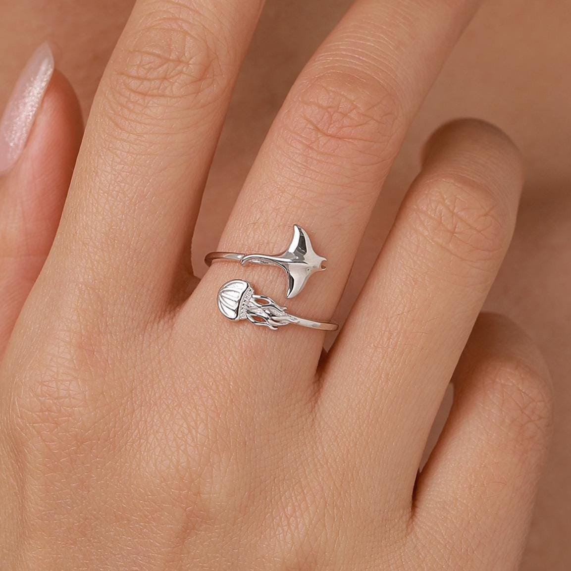 Sterling Silver Manta Ray and Jellyfish Open Ring