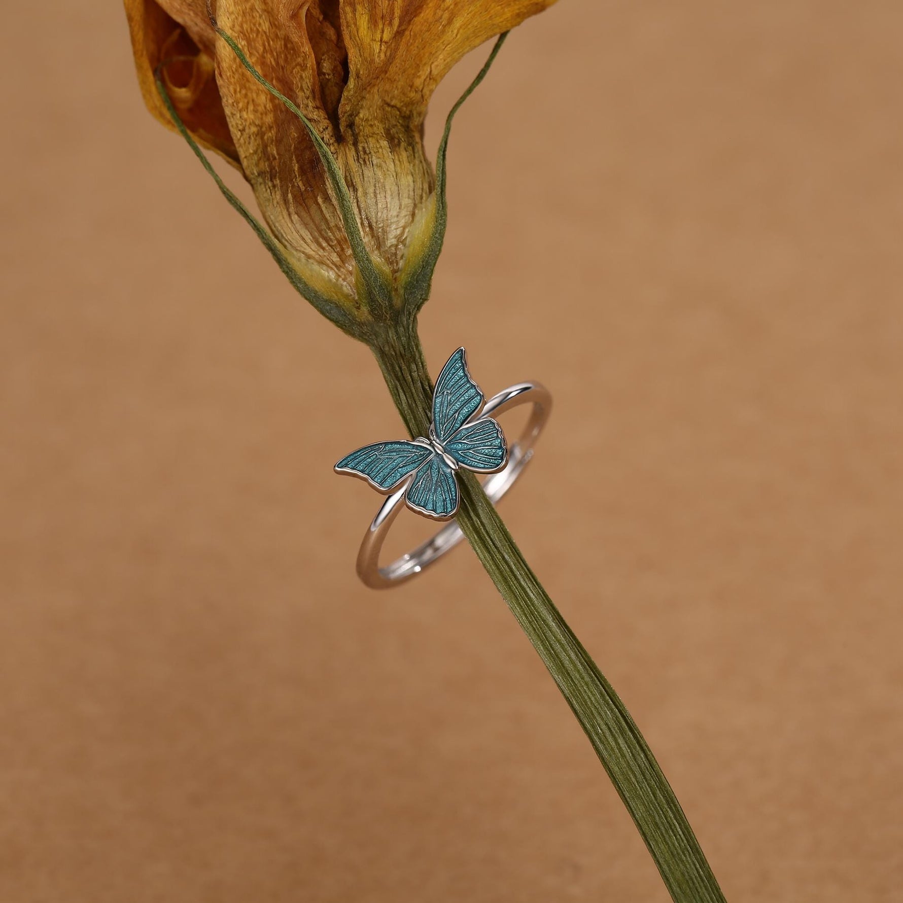 Sterling Silver Teal Enamel Butterfly Ring