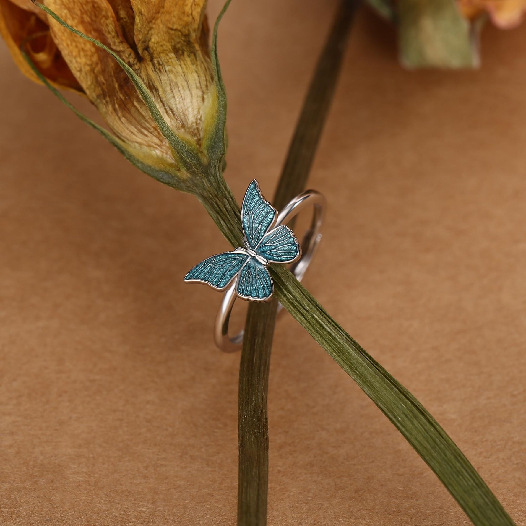 Sterling Silver Teal Enamel Butterfly Ring