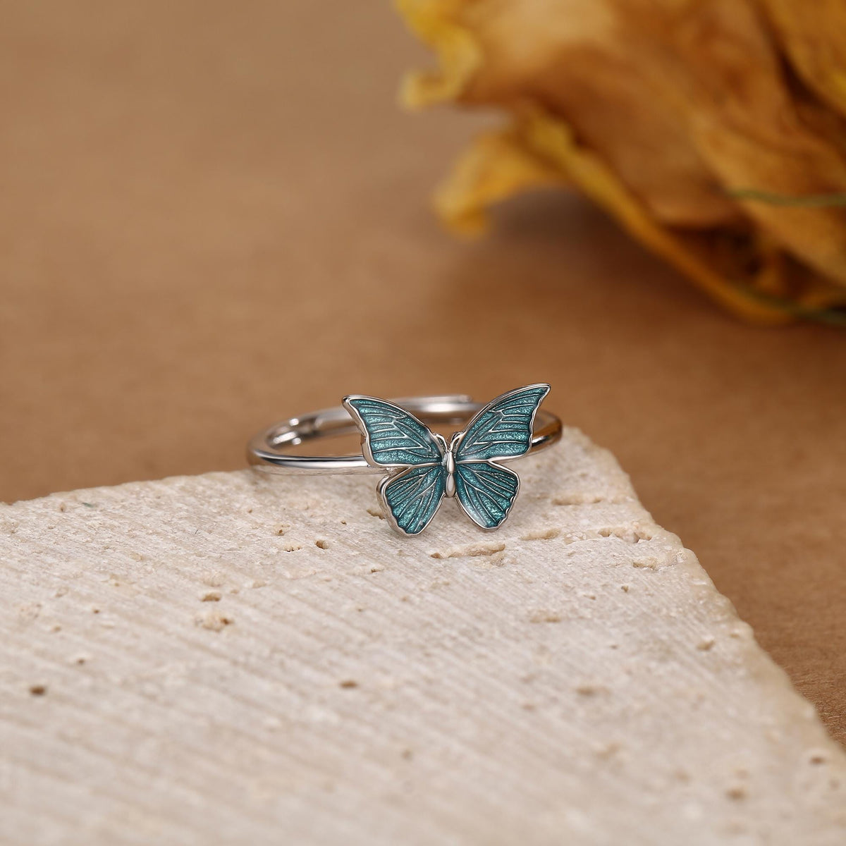 Sterling Silver Teal Enamel Butterfly Ring