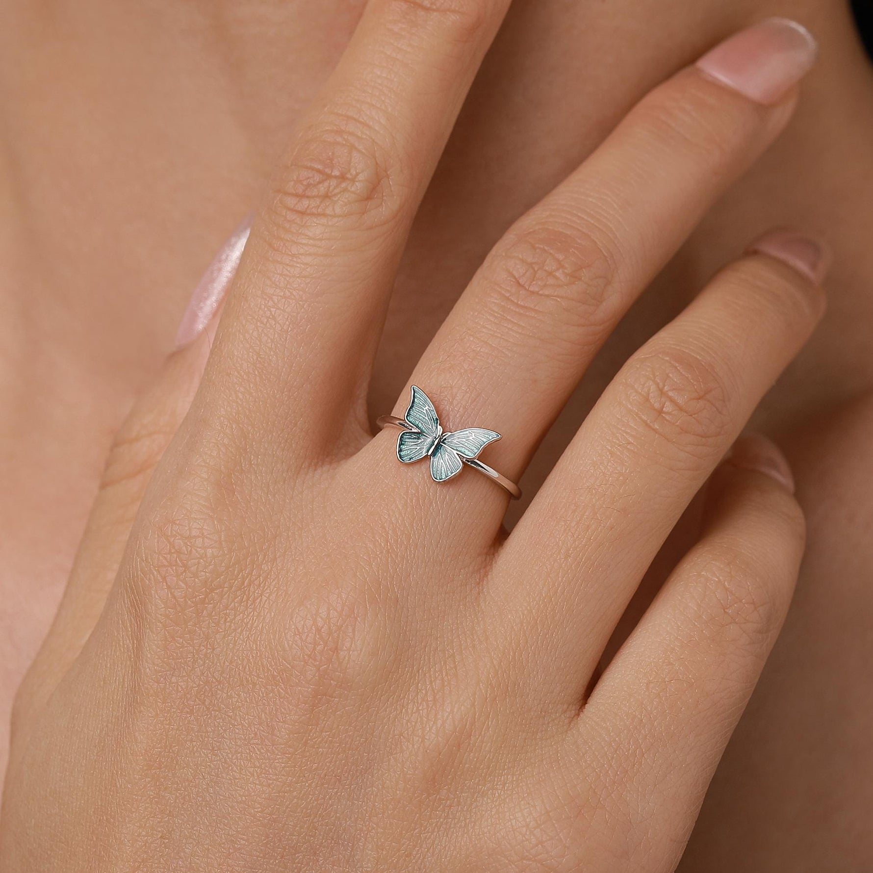 Sterling Silver Teal Enamel Butterfly Ring