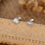 Sterling Silver Shell and Starfish 16G Flat Back Labret Earrings